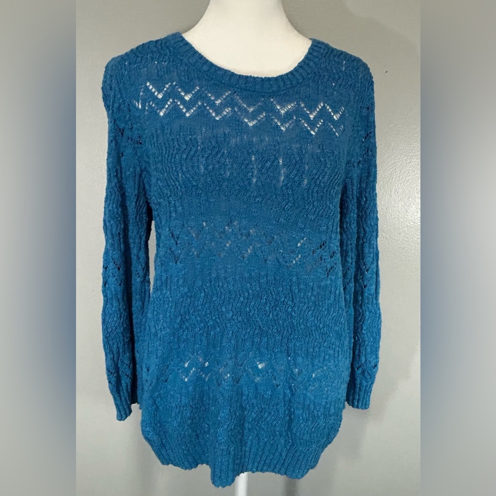 Women’s Teal Loose Knit Crewneck Sweater Layer Top Summer Boho